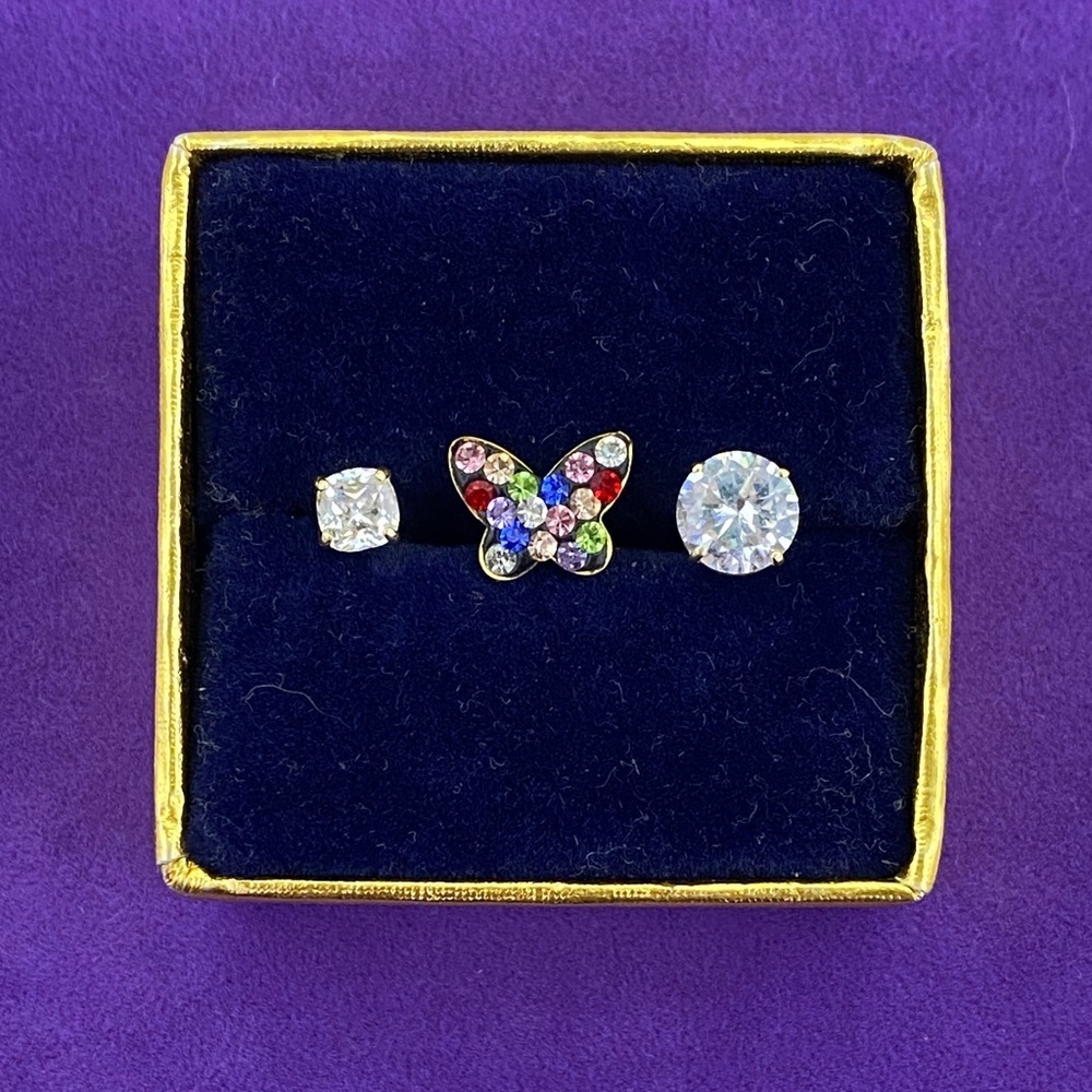 💛 14k Gold Multicolor Butterfly Trio Stud Earrings | 3 Piece Crystal Earring Set